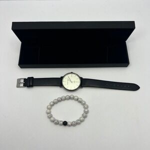 Daniel Philip Black Quartz Watch Mens Leather Band Howlite Bracelet Gift Set